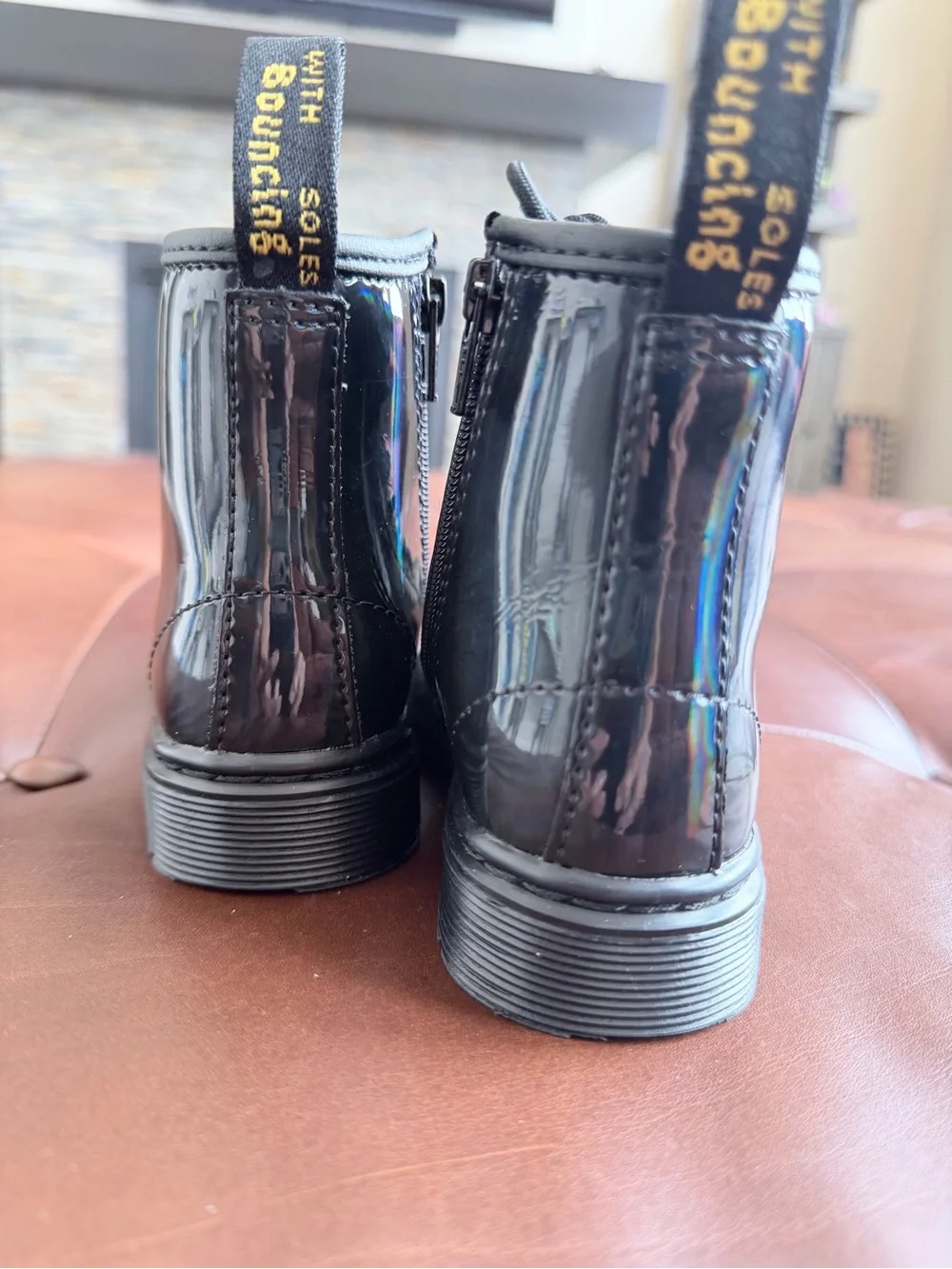 Doc Martens Black Patent Combat Boots with Back Loop